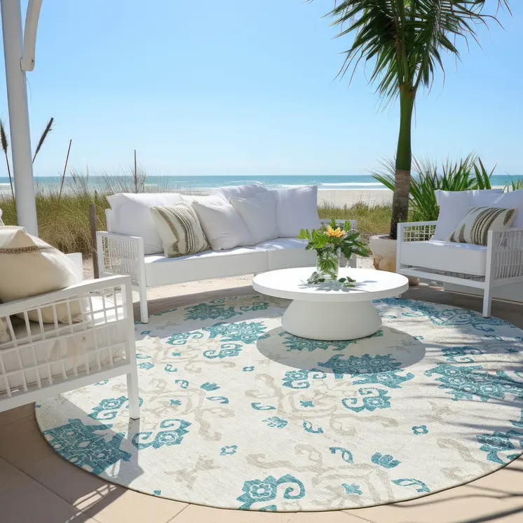 8' Teal Blue Silver And Gray Round Oriental Washable Indoor Outdoor Area Rug