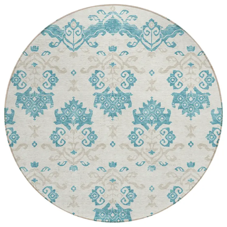 8' Teal Blue Silver And Gray Round Oriental Washable Indoor Outdoor Area Rug