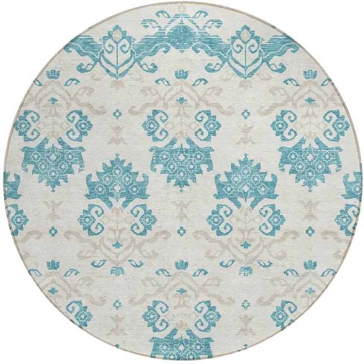 8' Teal Blue Silver And Gray Round Oriental Washable Indoor Outdoor Area Rug