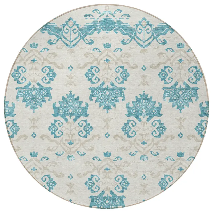 8' Teal Blue Silver And Gray Round Oriental Washable Indoor Outdoor Area Rug