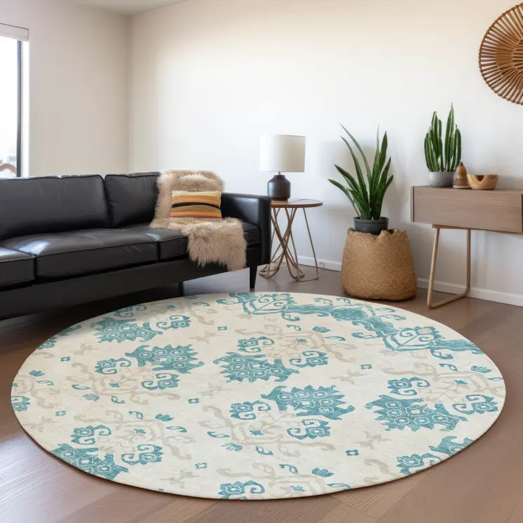 8' Teal Blue Silver And Gray Round Oriental Washable Indoor Outdoor Area Rug