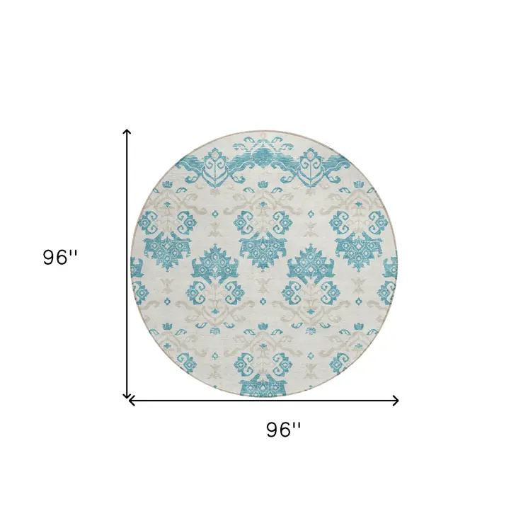 8' Teal Blue Silver And Gray Round Oriental Washable Indoor Outdoor Area Rug