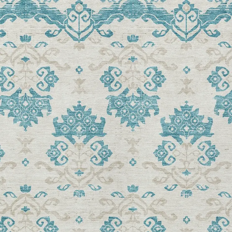 8' X 10' Teal Blue Silver And Gray Oriental Washable Indoor Outdoor Area Rug