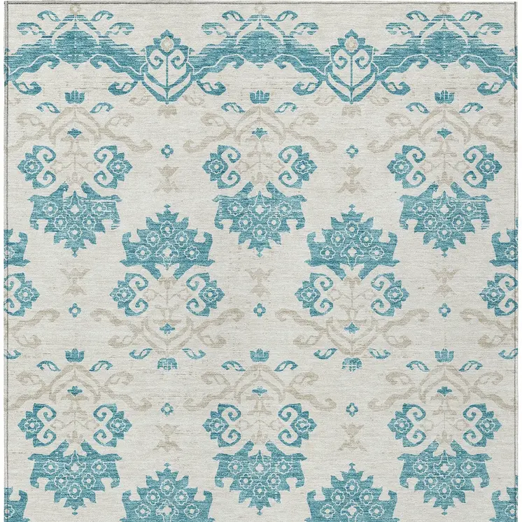 9' X 12' Teal Blue Silver And Gray Oriental Washable Indoor Outdoor Area Rug