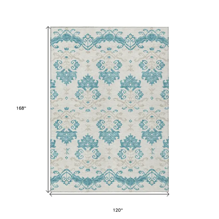 10' X 14' Teal Blue Silver And Gray Oriental Washable Indoor Outdoor Area Rug