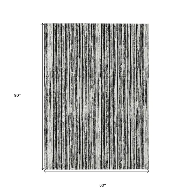 5' X 8' Black And Ivory Striped Washable Indoor Outdoor Area Rug