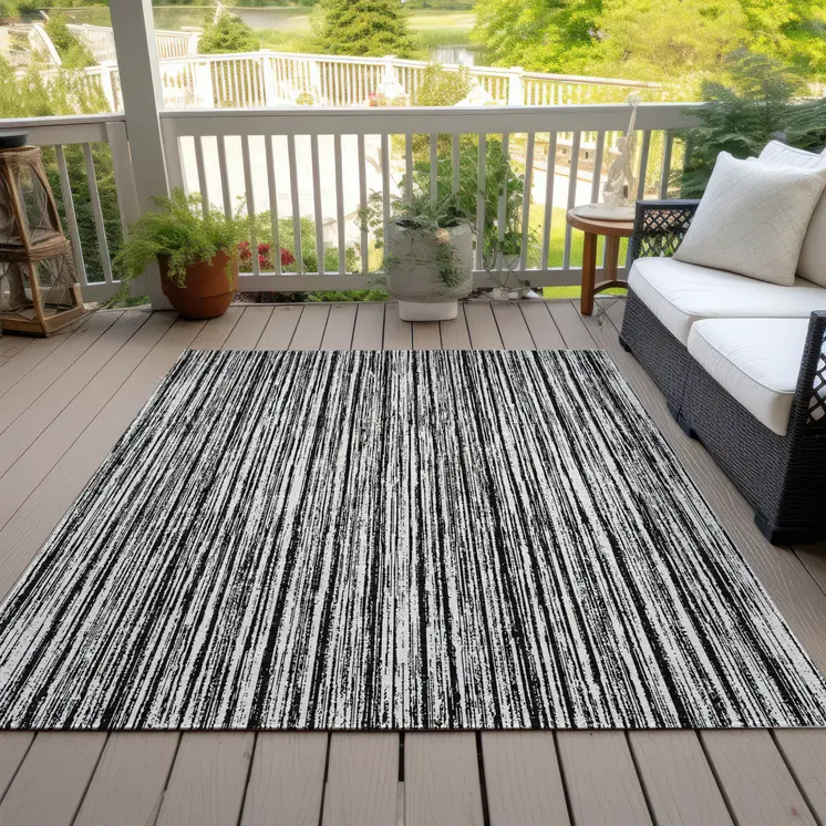 5' X 8' Black And Ivory Striped Washable Indoor Outdoor Area Rug