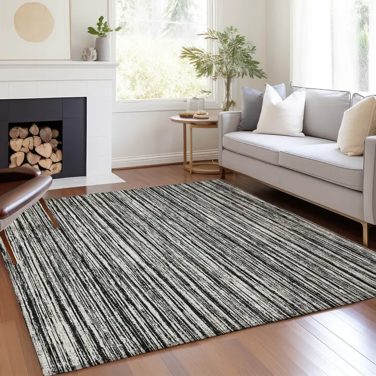 5' X 8' Black And Ivory Striped Washable Indoor Outdoor Area Rug