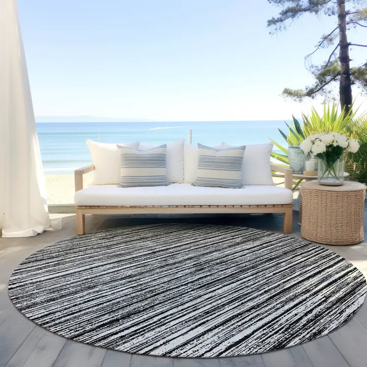 8' Black And Ivory Round Striped Washable Indoor Outdoor Area Rug