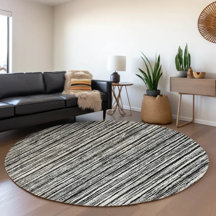 8' Black And Ivory Round Striped Washable Indoor Outdoor Area Rug