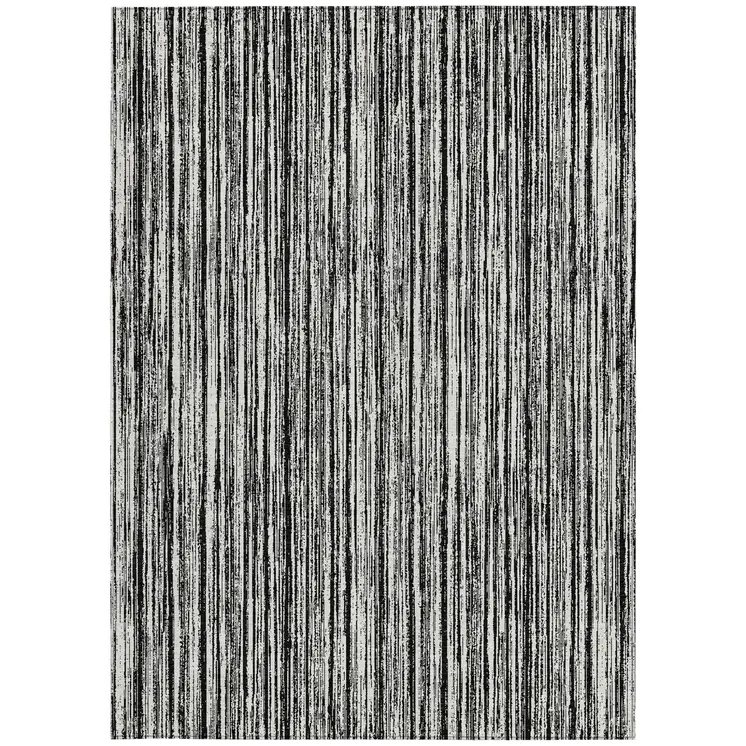 8' X 10' Black And Ivory Striped Washable Indoor Outdoor Area Rug