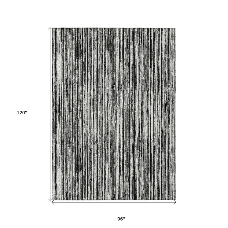 8' X 10' Black And Ivory Striped Washable Indoor Outdoor Area Rug