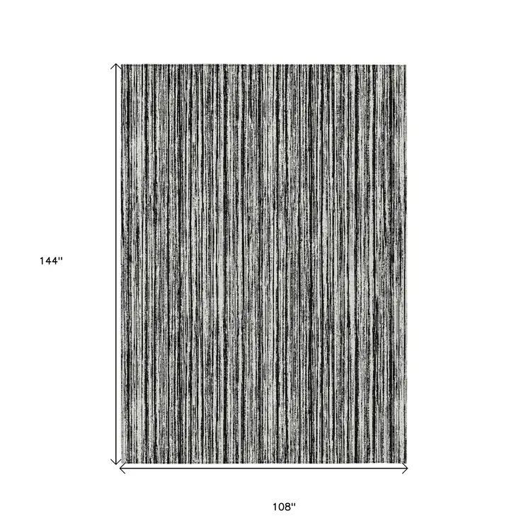 9' X 12' Black And Ivory Striped Washable Indoor Outdoor Area Rug
