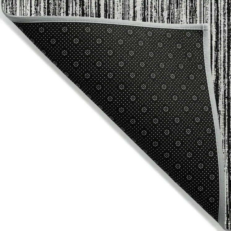 9' X 12' Black And Ivory Striped Washable Indoor Outdoor Area Rug