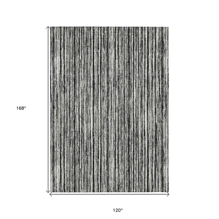 10' X 14' Black And Ivory Striped Washable Indoor Outdoor Area Rug