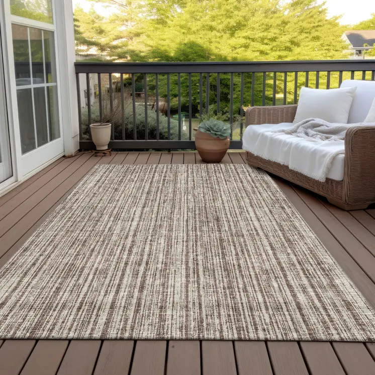 3' X 5' Brown And Ivory Striped Washable Indoor Outdoor Area Rug