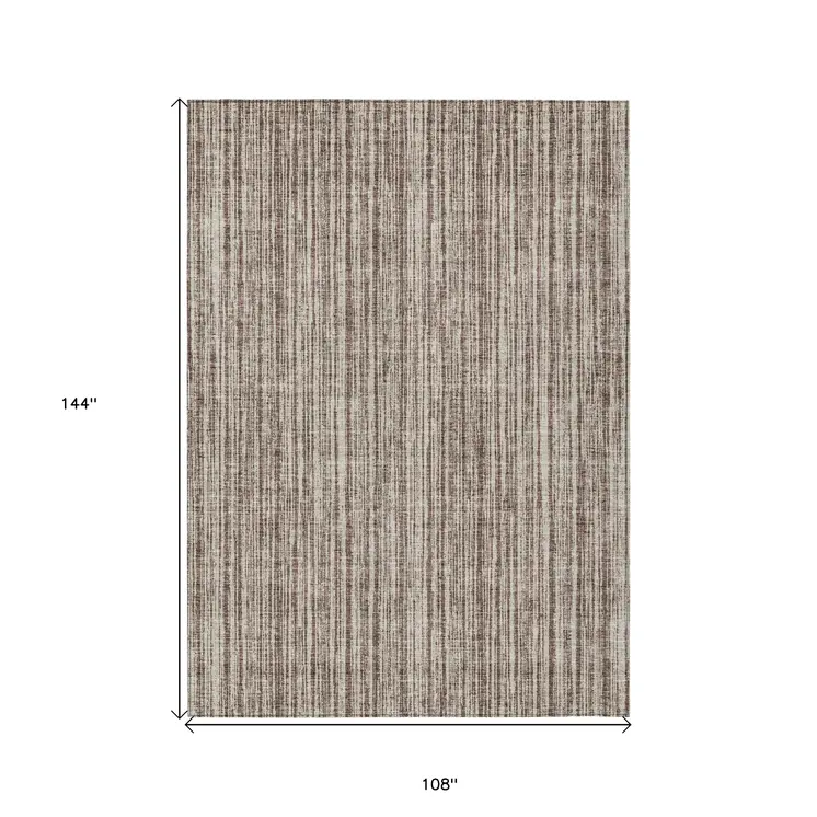 9' X 12' Brown And Ivory Striped Washable Indoor Outdoor Area Rug