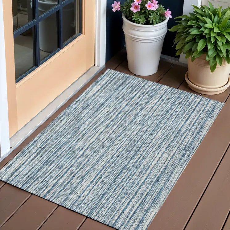 3' X 5' Blue And Ivory Striped Washable Indoor Outdoor Area Rug