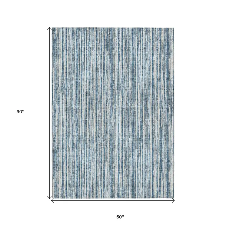 5' X 8' Blue And Ivory Striped Washable Indoor Outdoor Area Rug
