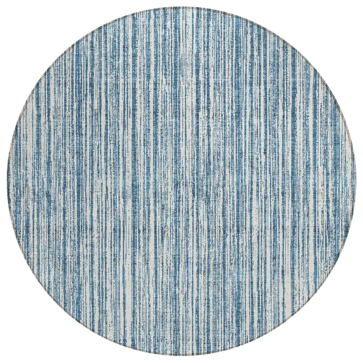 8' Blue And Ivory Round Striped Washable Indoor Outdoor Area Rug