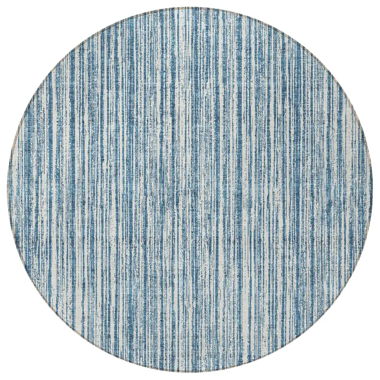 8' Blue And Ivory Round Striped Washable Indoor Outdoor Area Rug