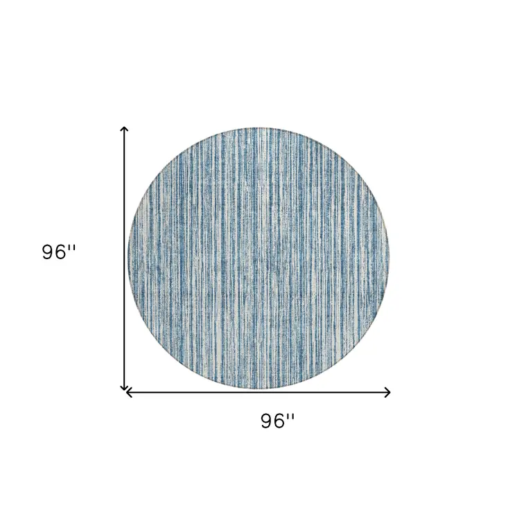 8' Blue And Ivory Round Striped Washable Indoor Outdoor Area Rug