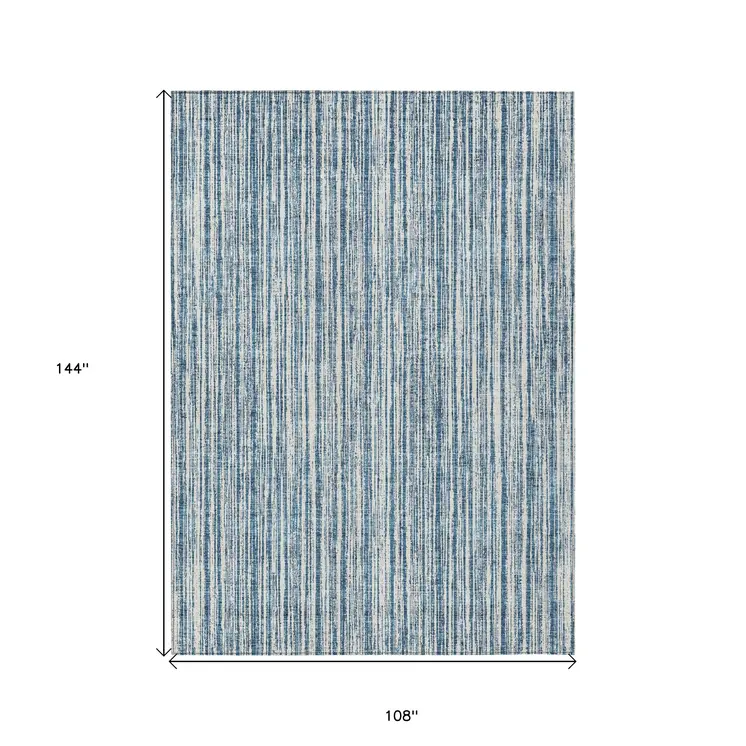 9' X 12' Blue And Ivory Striped Washable Indoor Outdoor Area Rug