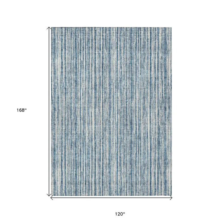 10' X 14' Blue And Ivory Striped Washable Indoor Outdoor Area Rug
