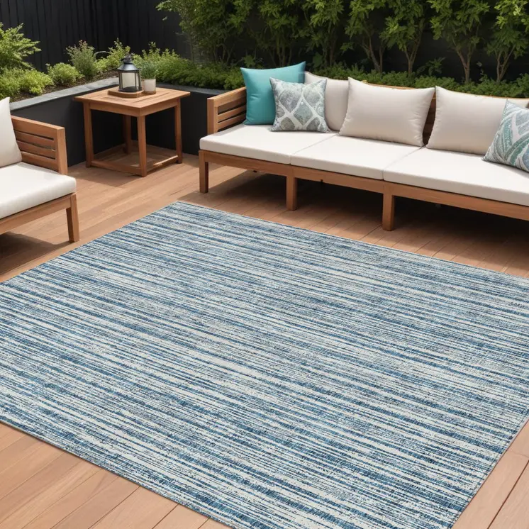 10' X 14' Blue And Ivory Striped Washable Indoor Outdoor Area Rug