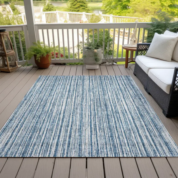 10' X 14' Blue And Ivory Striped Washable Indoor Outdoor Area Rug