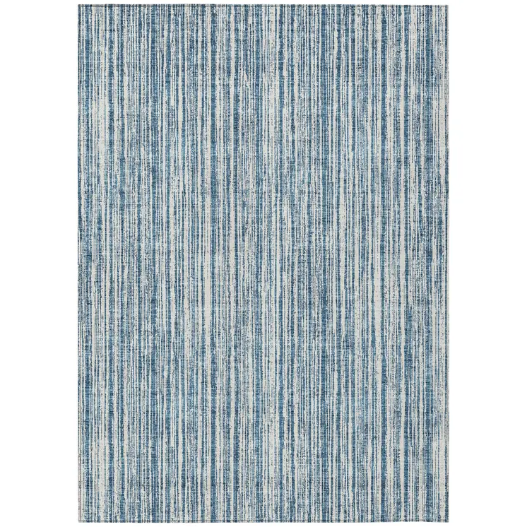 10' X 14' Blue And Ivory Striped Washable Indoor Outdoor Area Rug