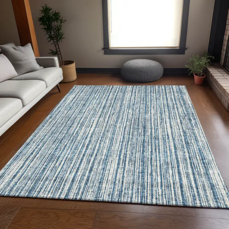 10' X 14' Blue And Ivory Striped Washable Indoor Outdoor Area Rug