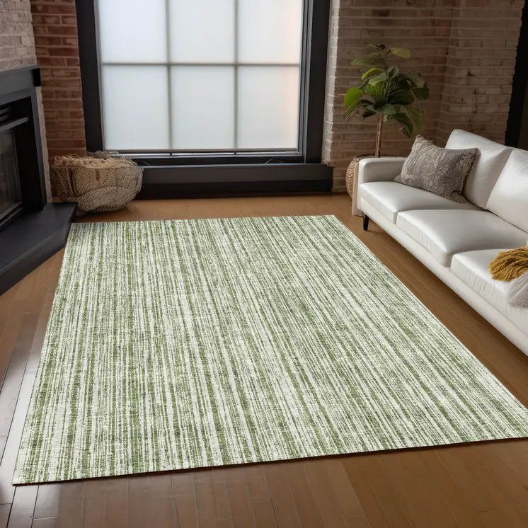 3' X 5' Green And Ivory Striped Washable Indoor Outdoor Area Rug