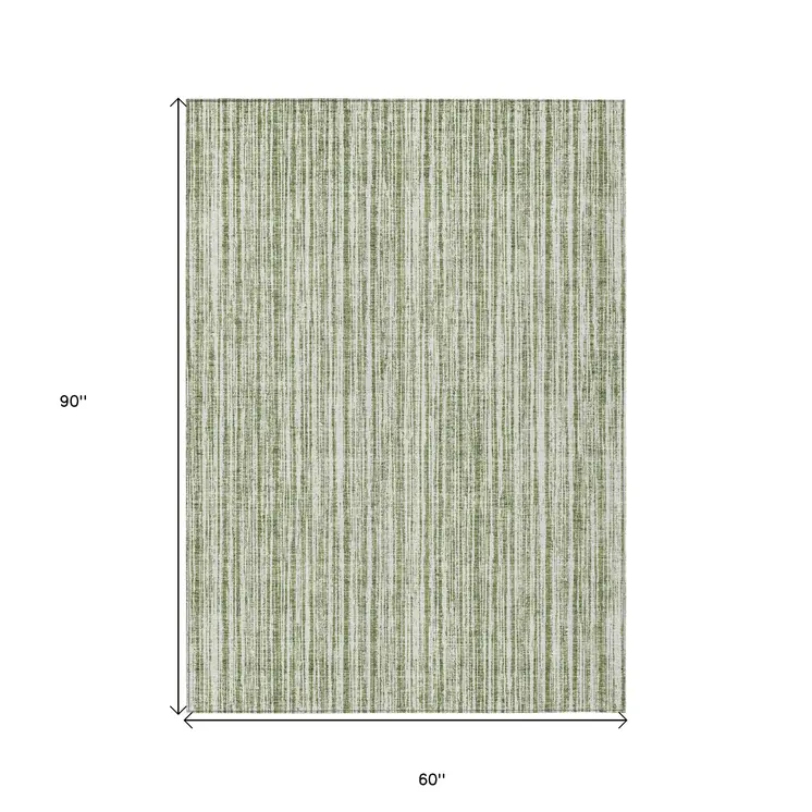 5' X 8' Green And Ivory Striped Washable Indoor Outdoor Area Rug