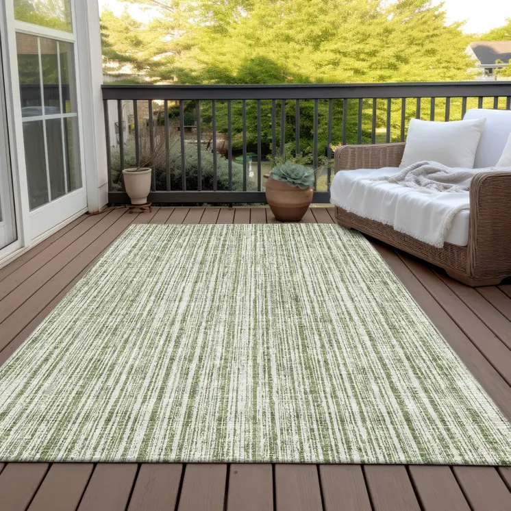 5' X 8' Green And Ivory Striped Washable Indoor Outdoor Area Rug