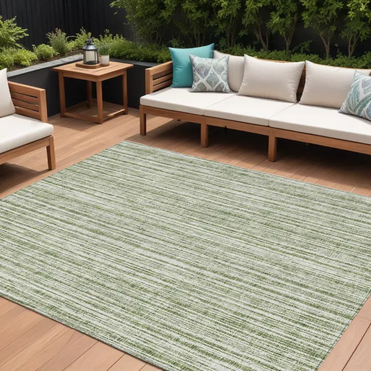 8' X 10' Green And Ivory Striped Washable Indoor Outdoor Area Rug