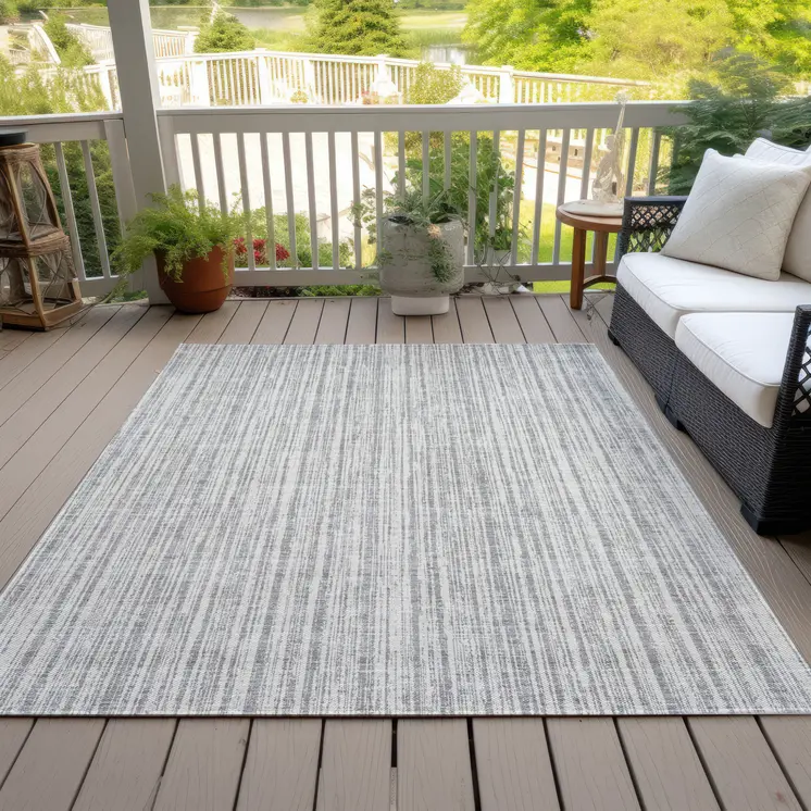 3' X 5' Gray And Silver Striped Washable Indoor Outdoor Area Rug