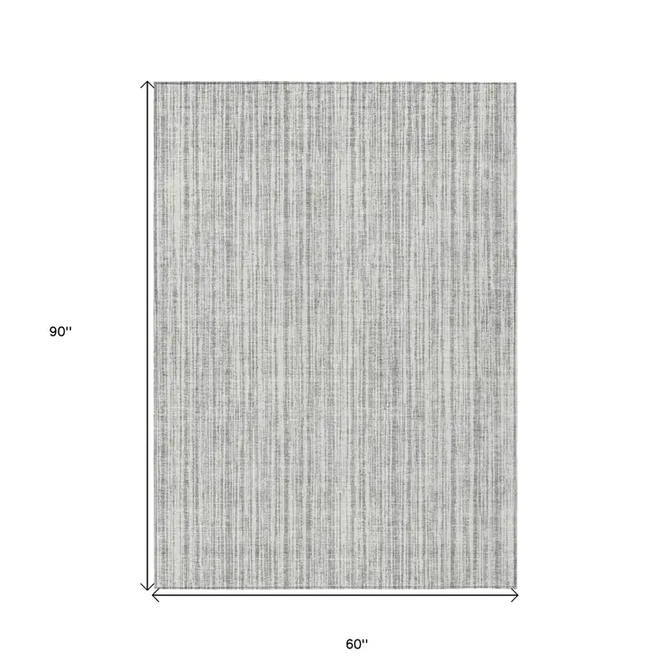 5' X 8' Gray And Silver Striped Washable Indoor Outdoor Area Rug