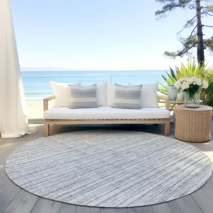8' Gray And Silver Round Striped Washable Indoor Outdoor Area Rug