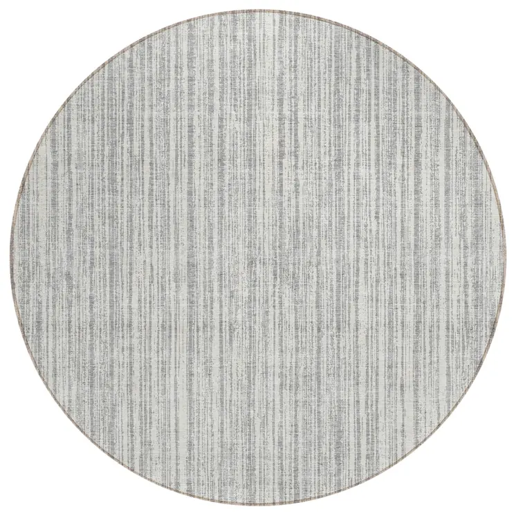 8' Gray And Silver Round Striped Washable Indoor Outdoor Area Rug