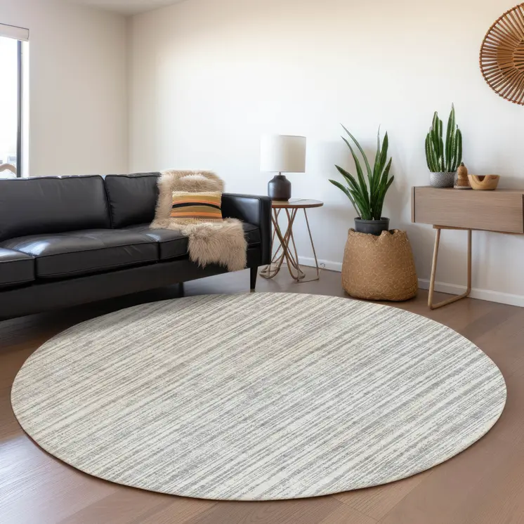 8' Gray And Silver Round Striped Washable Indoor Outdoor Area Rug