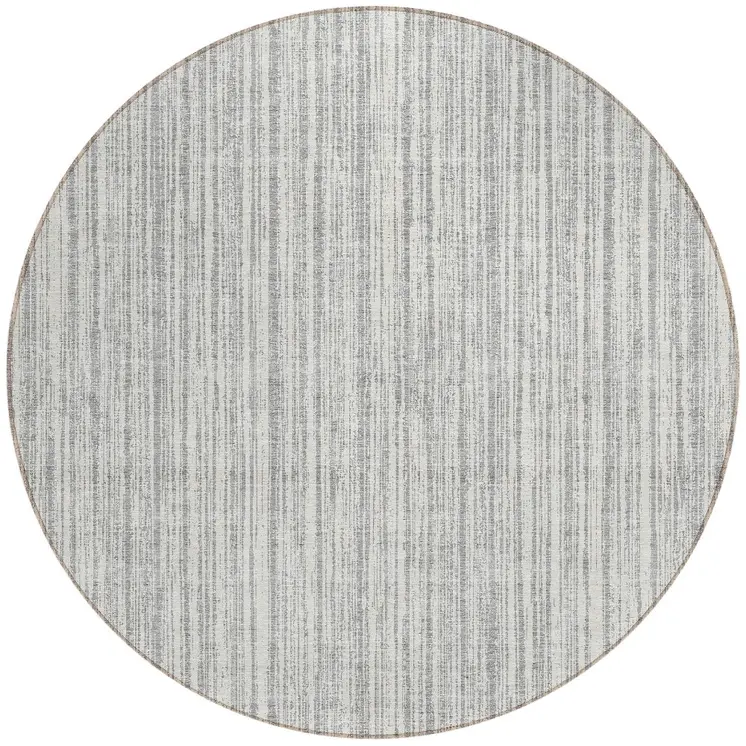 8' Gray And Silver Round Striped Washable Indoor Outdoor Area Rug