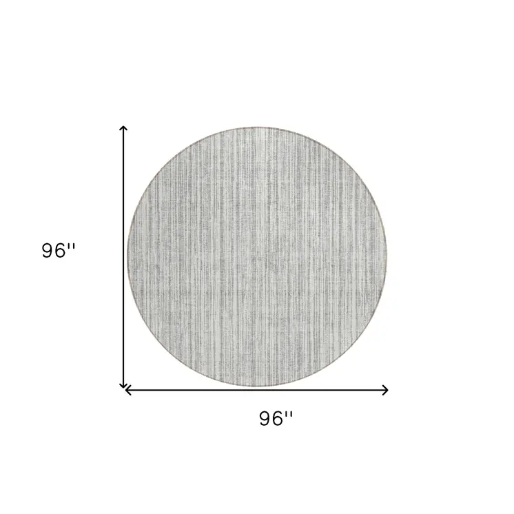 8' Gray And Silver Round Striped Washable Indoor Outdoor Area Rug