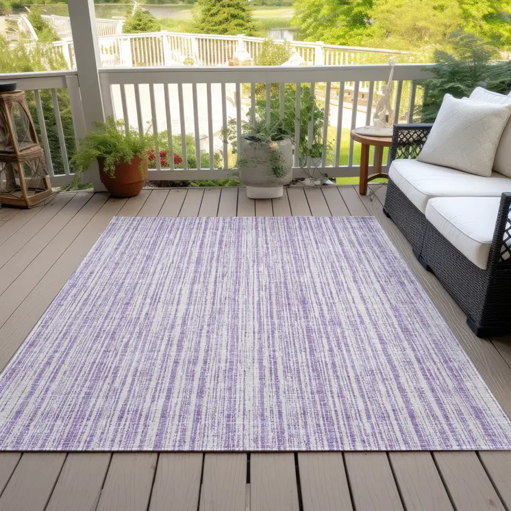 3' X 5' Lavender And Ivory Striped Washable Indoor Outdoor Area Rug