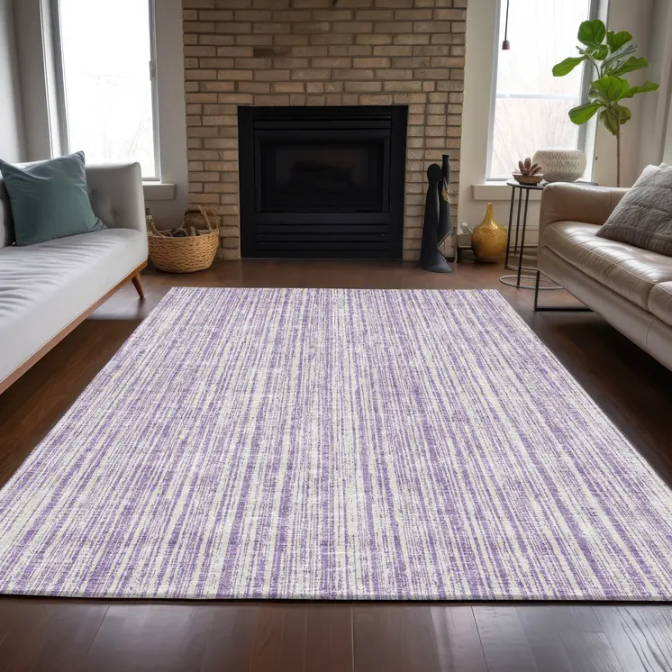 3' X 5' Lavender And Ivory Striped Washable Indoor Outdoor Area Rug