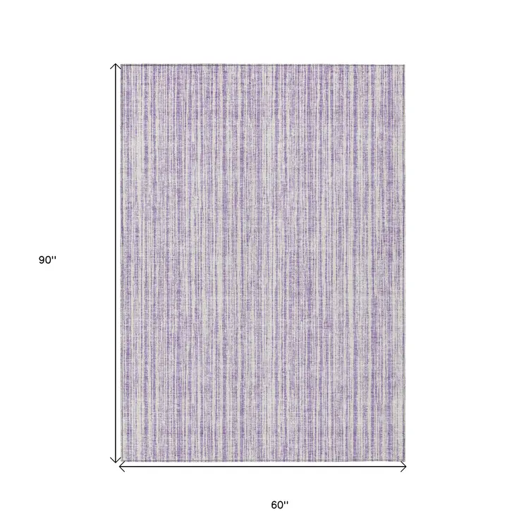5' X 8' Lavender And Ivory Striped Washable Indoor Outdoor Area Rug