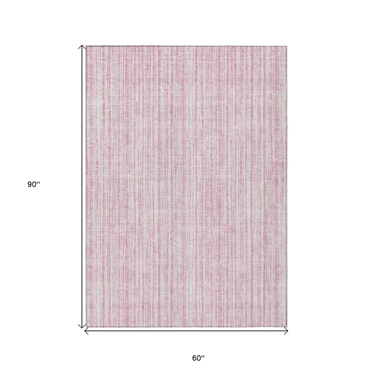 5' X 8' Pink And Ivory Striped Washable Indoor Outdoor Area Rug