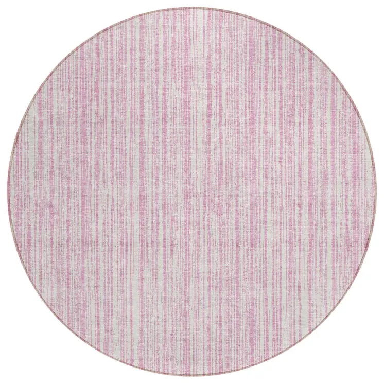 8' Pink And Ivory Round Striped Washable Indoor Outdoor Area Rug