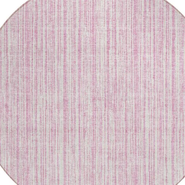 8' Pink And Ivory Round Striped Washable Indoor Outdoor Area Rug