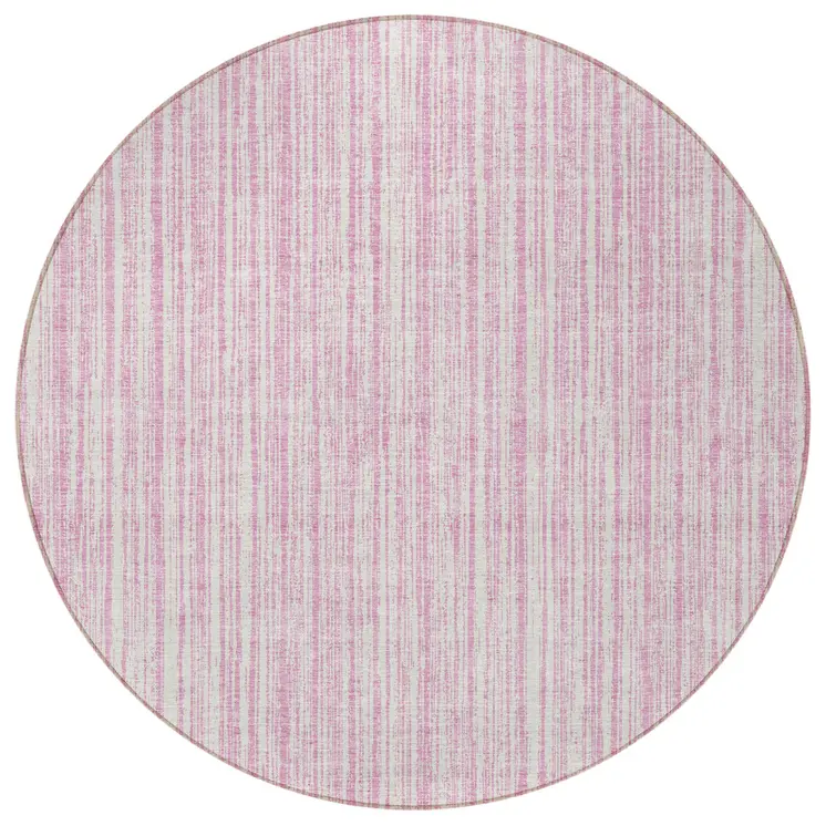 8' Pink And Ivory Round Striped Washable Indoor Outdoor Area Rug